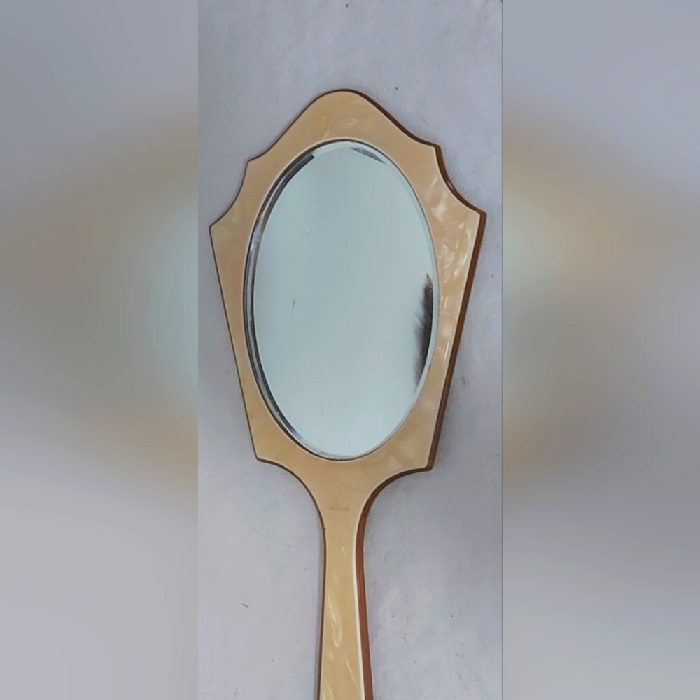 Large Vintage 1950s Ivory Pearl Tone Celluloid Vanity Hand Mirror – 14.5”